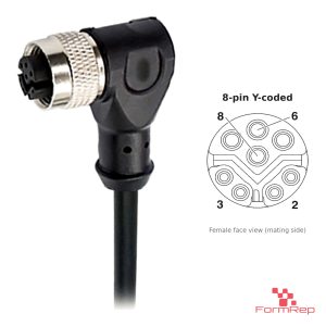 M12 Y-Coded Female Right-Angle Molded Cable, Single-Ended, with pin layout