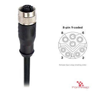 M12 Y-Coded Female Straight Molded Cable, Single-Ended, with pin layout