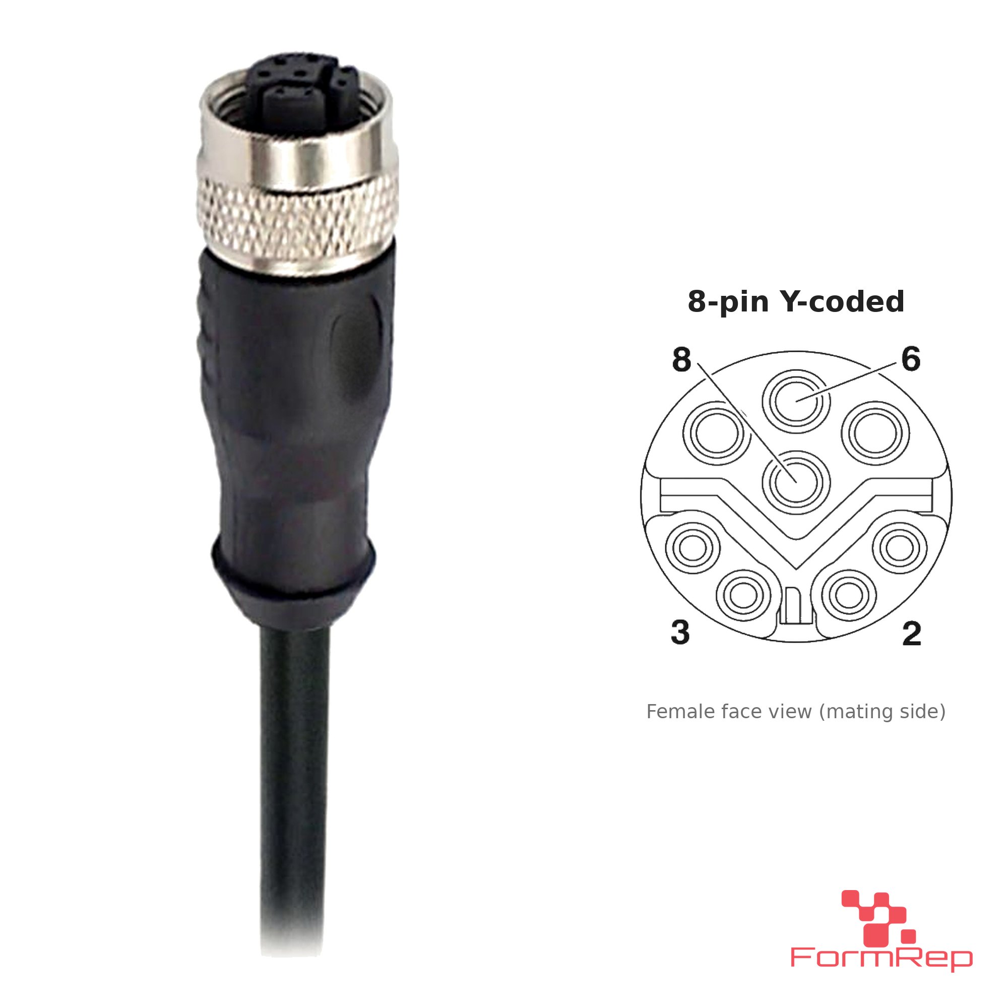 M12 Y-Coded Female Straight Molded Cable, Single-Ended, with pin layout