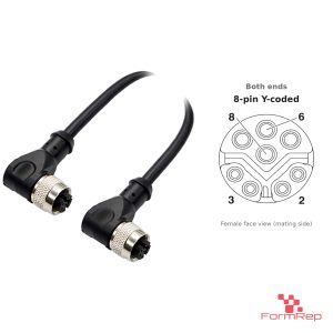 M12 Y-Coded Female to Female Right-Angle Cable, with pin layout