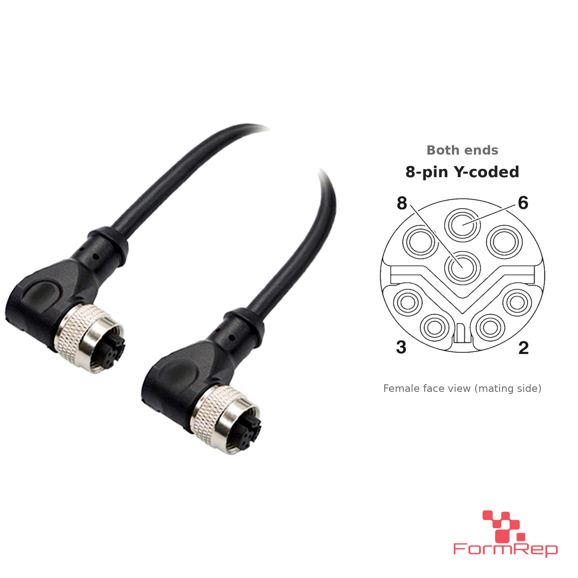 M12 Y-Coded Female to Female Right-Angle Cable, with pin layout