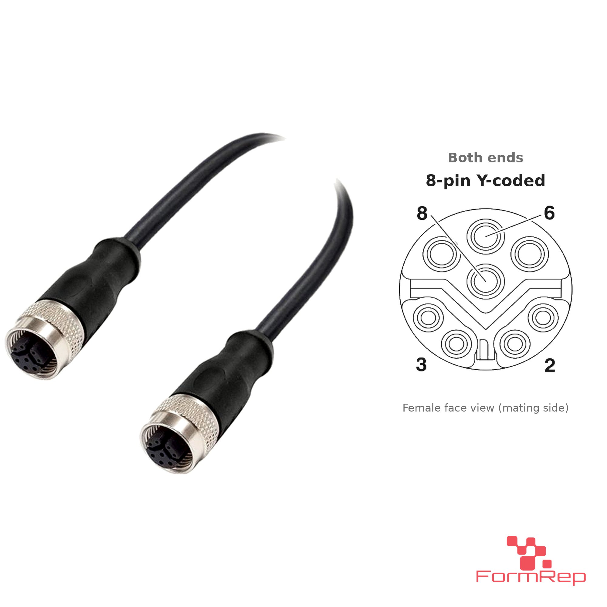 M12 Y-Coded Female to Female Straight Cable, with pin layout