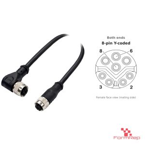 M12 Y-Coded Female Straight to Female Right-Angle Cable, with pin layout