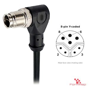 M12 Y-Coded Male Right-Angle Molded Cable, Single-Ended, with pin layout