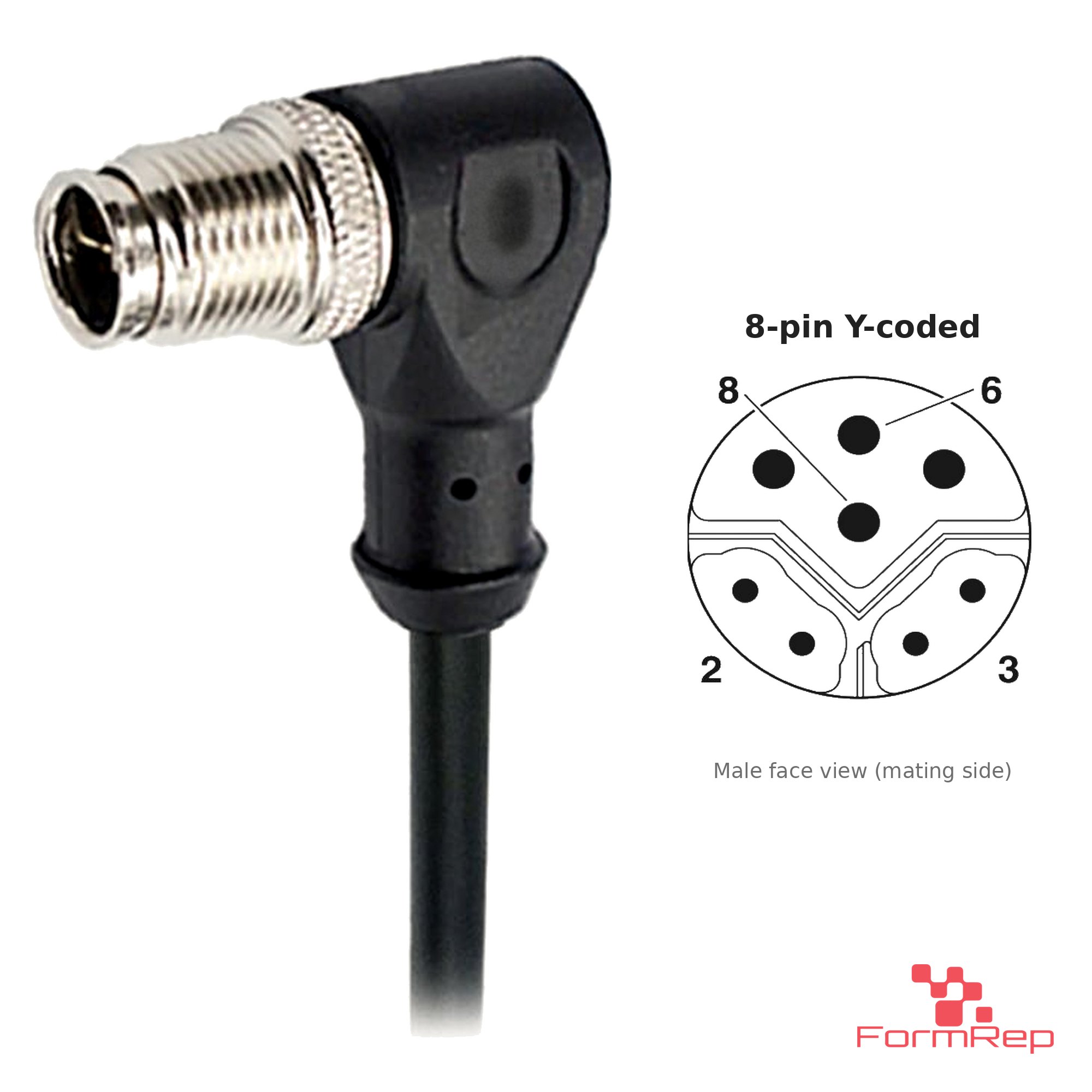 M12 Y-Coded Male Right-Angle Molded Cable, Single-Ended, with pin layout M12 Y-Coded Male Right-Angle Molded Cable, Single-Ended, with pin layout
