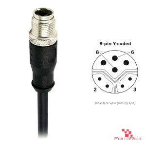M12 Y-Coded Male Straight Molded Cable, Single-Ended, with pin layout