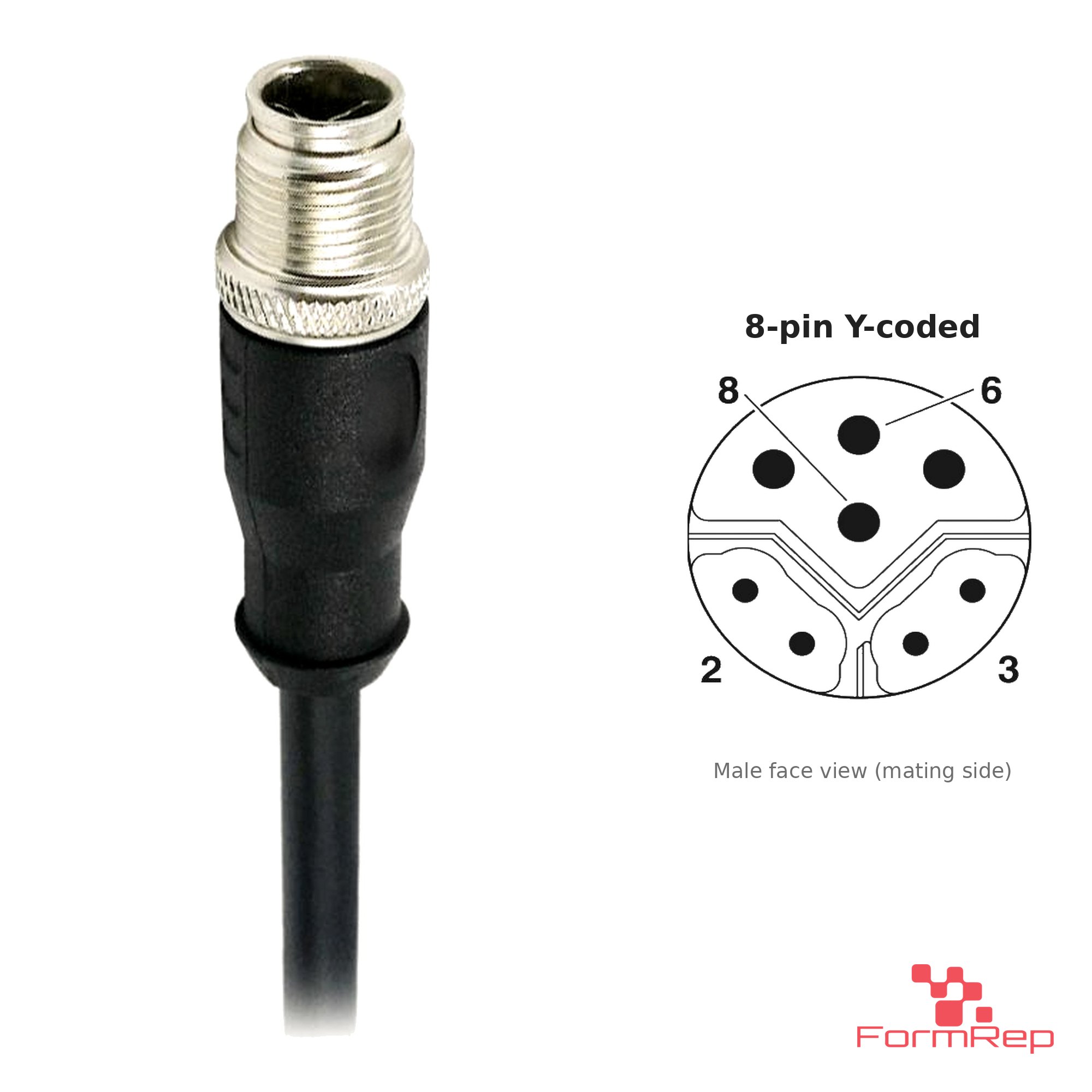M12 Y-Coded Male Straight Molded Cable, Single-Ended, with pin layout