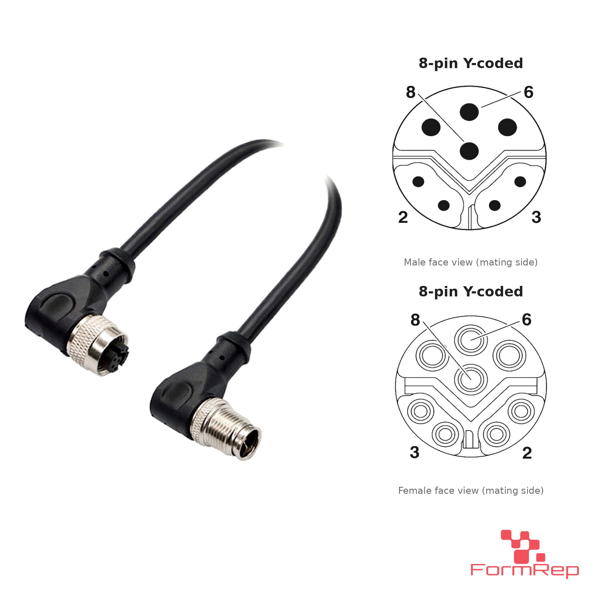 M12 Y-Coded Male Right-Angle to Female Right-Angle Cable, with pin layout M12 Y-Coded Male Right-Angle to Female Right-Angle Cable, with pin layout