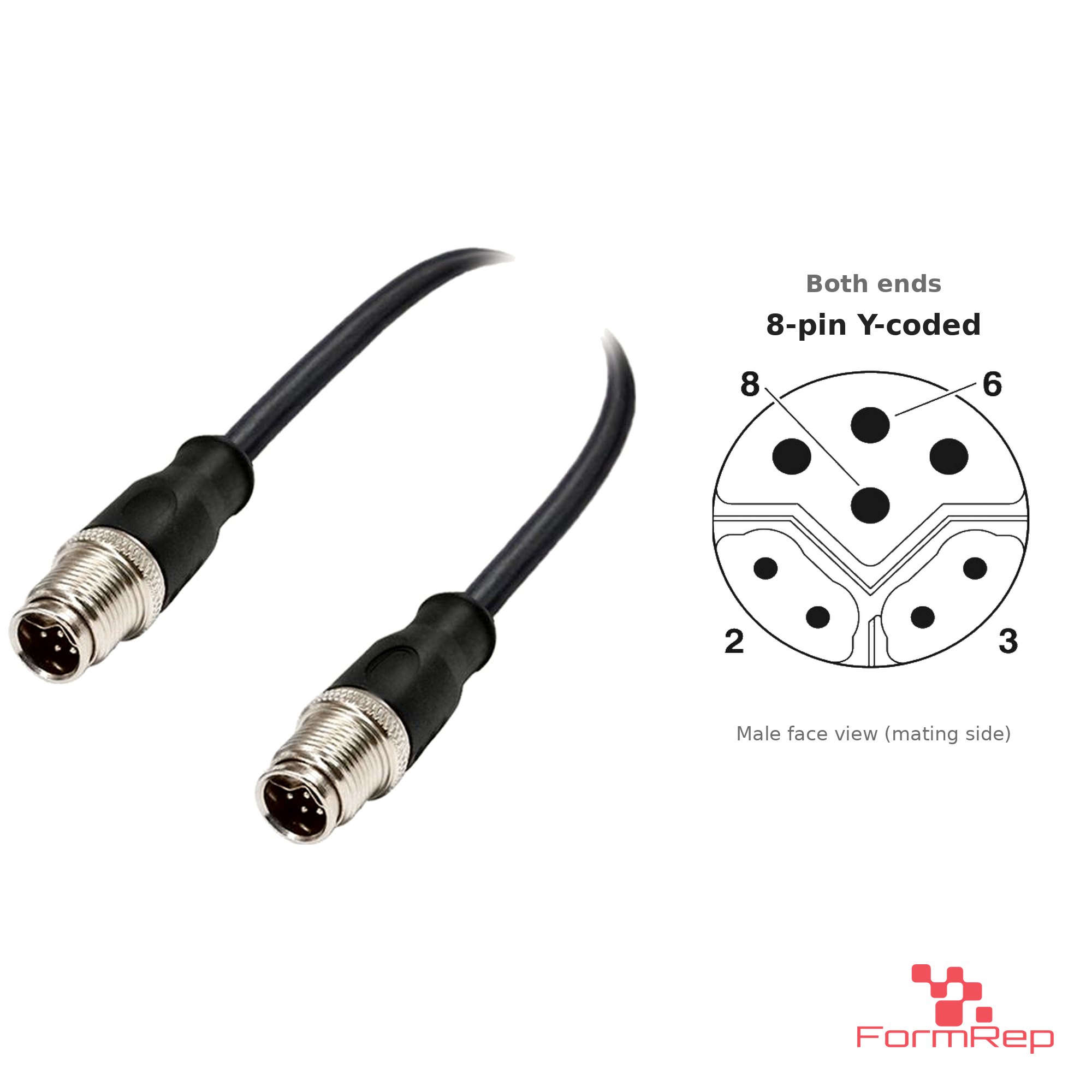 M12 Y-Coded Male to Male Straight Cable, with pin layout M12 Y-Coded Male to Male Straight Cable, with pin layout