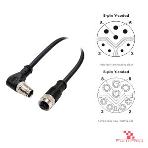 M12 Y-Coded Male Right-Angle to Female Straight Cable, with pin layout