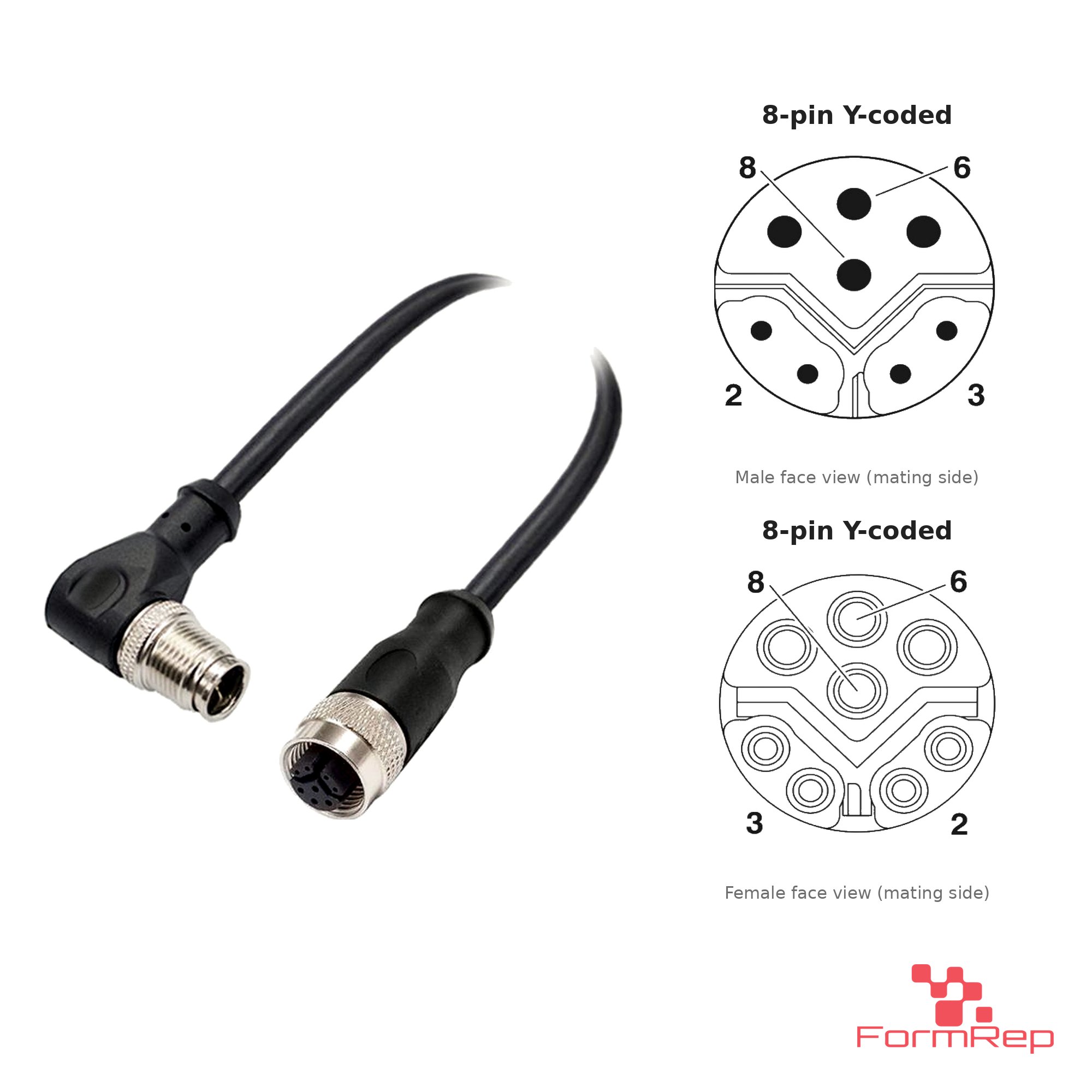 M12 Y-Coded Male Right-Angle to Female Straight Cable, with pin layout