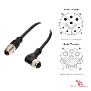M12 Y-Coded Male Straight to Female Right-Angle Cable, with pin layout
