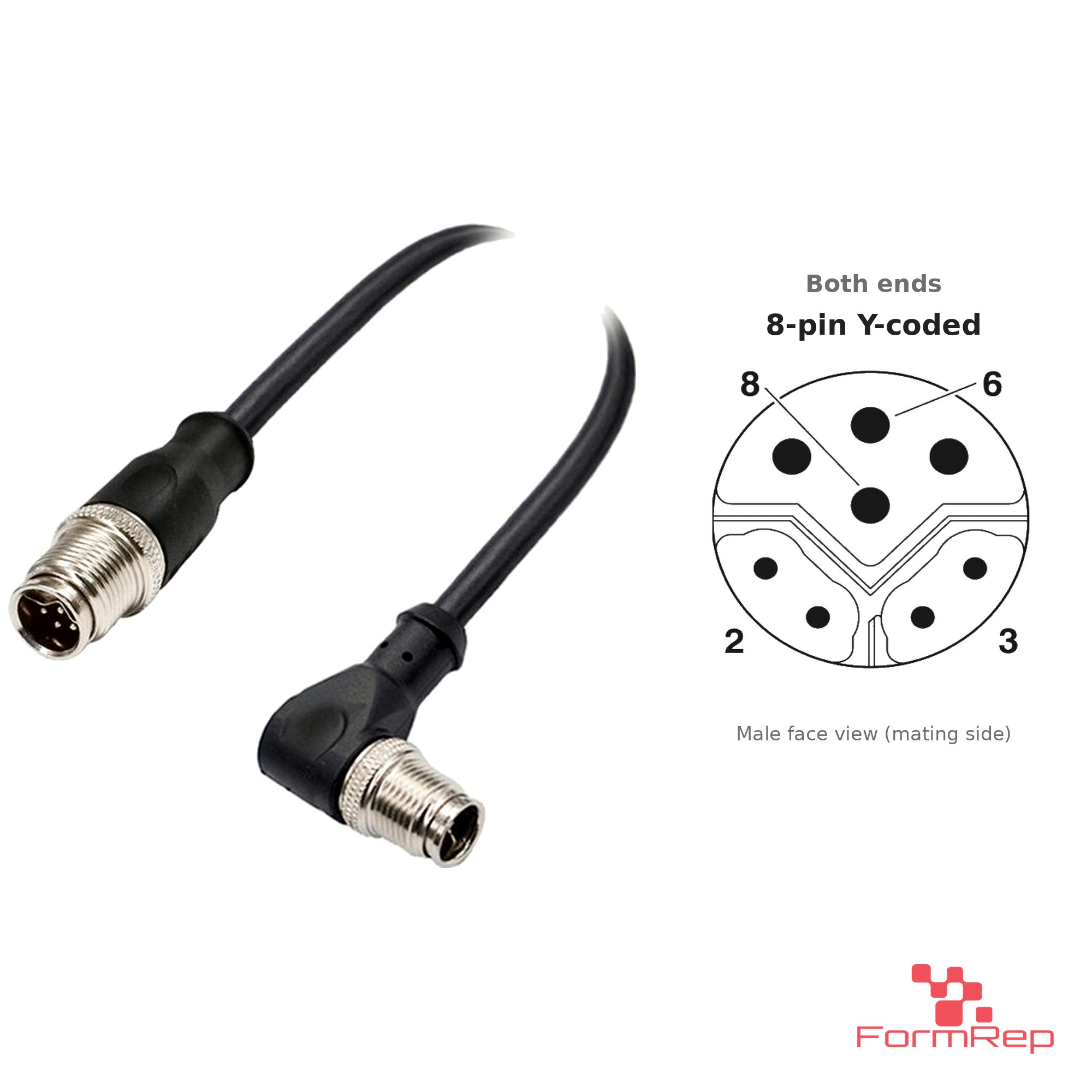 M12 Y-Coded Male Straight to Male Right-Angle Cable, with pin layout M12 Y-Coded Male Straight to Male Right-Angle Cable, with pin layout