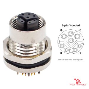 M12 Y-Coded Panel-Mount Receptacle, PCB Pins, female straight, front mount