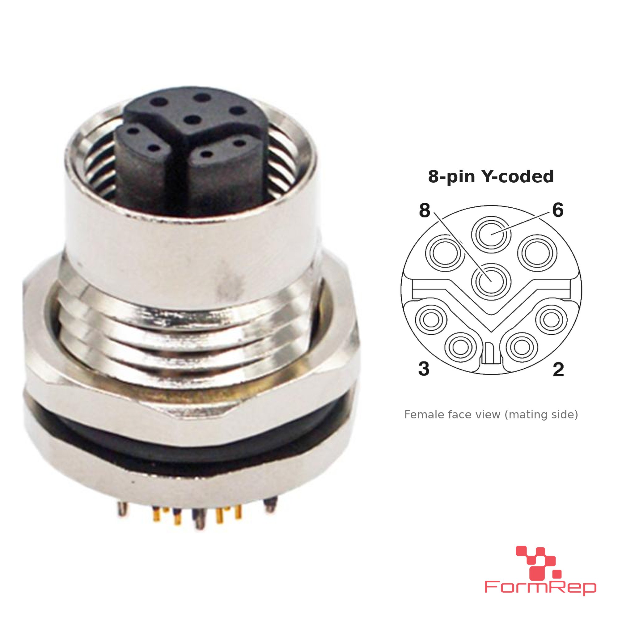 M12 Y-Coded Panel-Mount Receptacle, PCB Pins, female straight, front mount M12 Y-Coded Panel-Mount Receptacle, PCB Pins, female straight, front mount