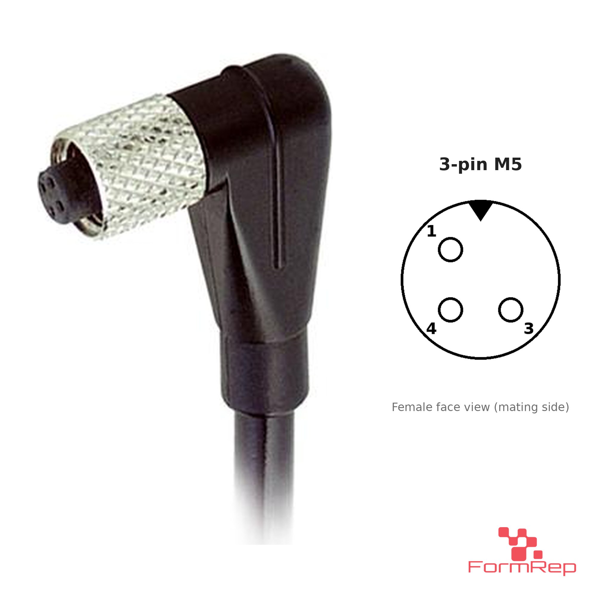 M5 Female Right-Angle Molded Cable, Single-Ended, 3-pin, with pin layout M5 Female Right-Angle Molded Cable, Single-Ended, 3-pin, with pin layout