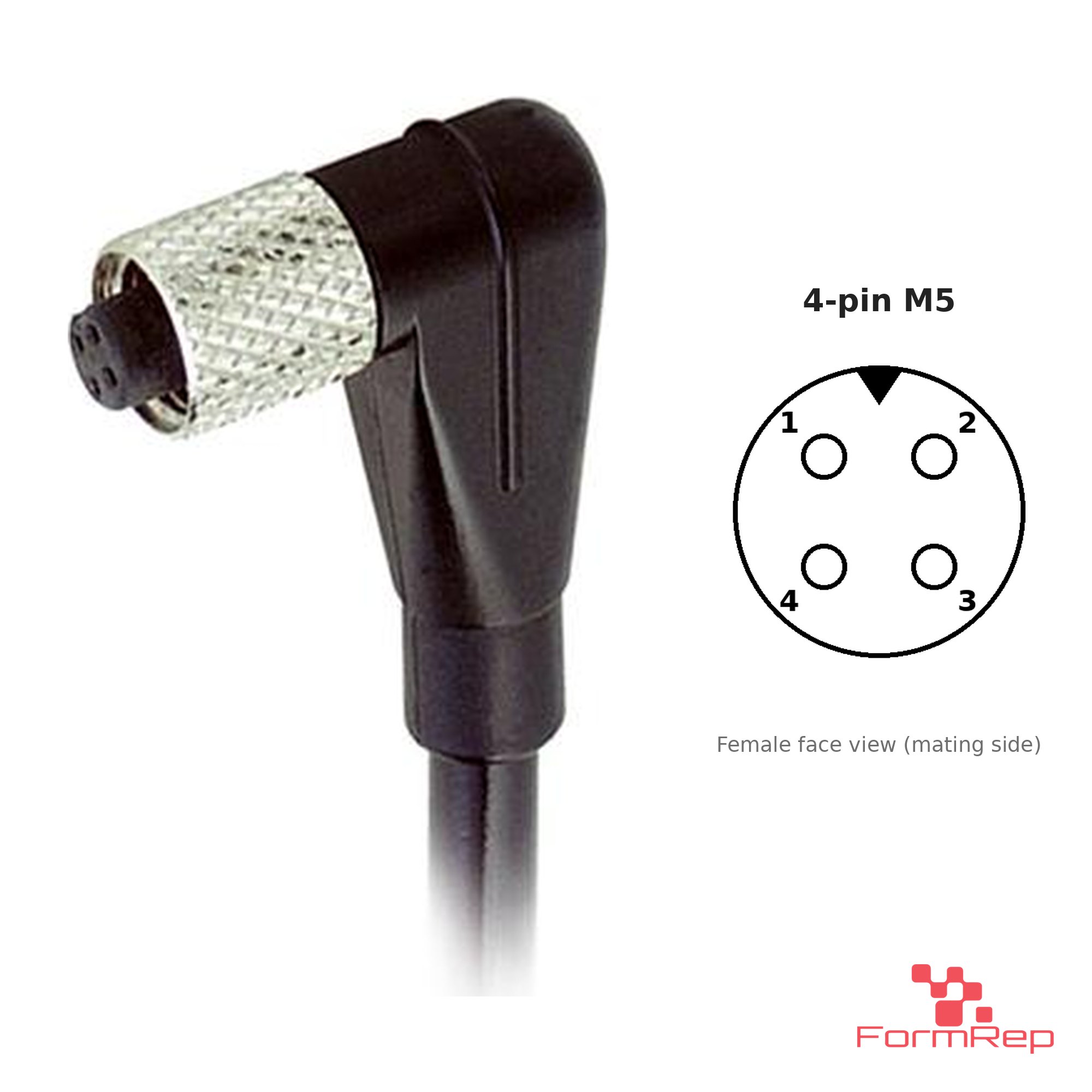 M5 Female Right-Angle Molded Cable, Single-Ended, 4-pin, with pin layout M5 Female Right-Angle Molded Cable, Single-Ended, 4-pin, with pin layout