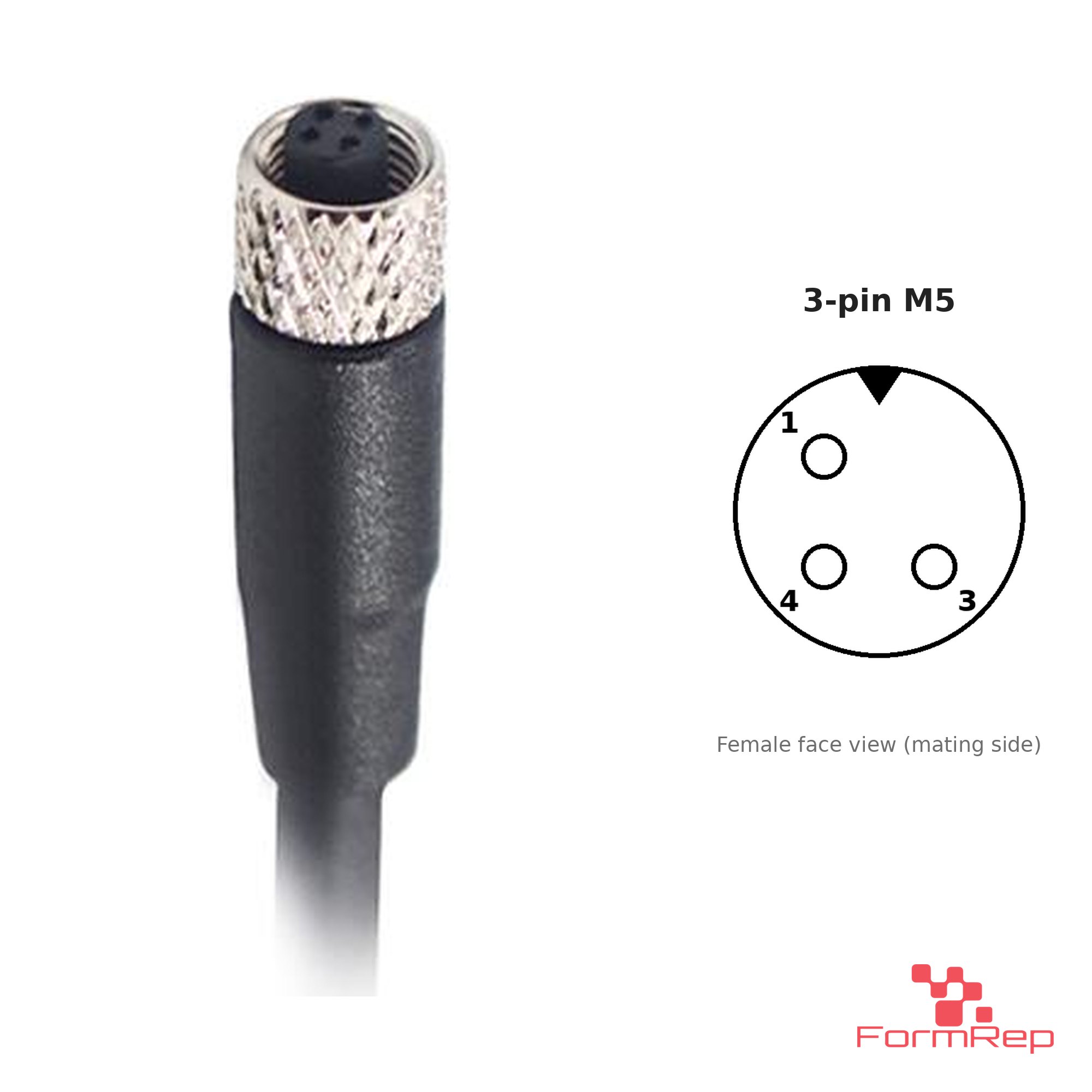 M5 Female Straight Molded Cable, Single-Ended, 3-pin, with pin layout