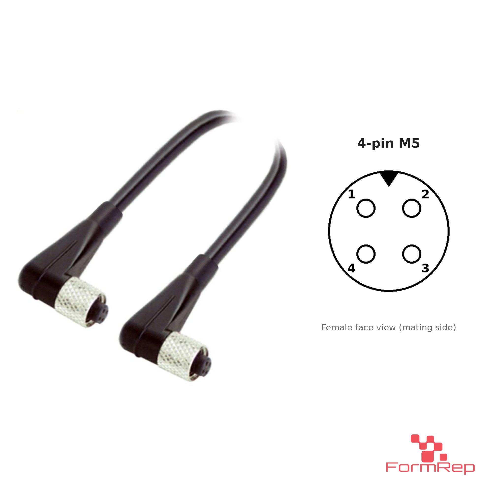 M5 Female to Female Right-Angle Cable, 4-pin, with pin layout M5 Female to Female Right-Angle Cable, 4-pin, with pin layout