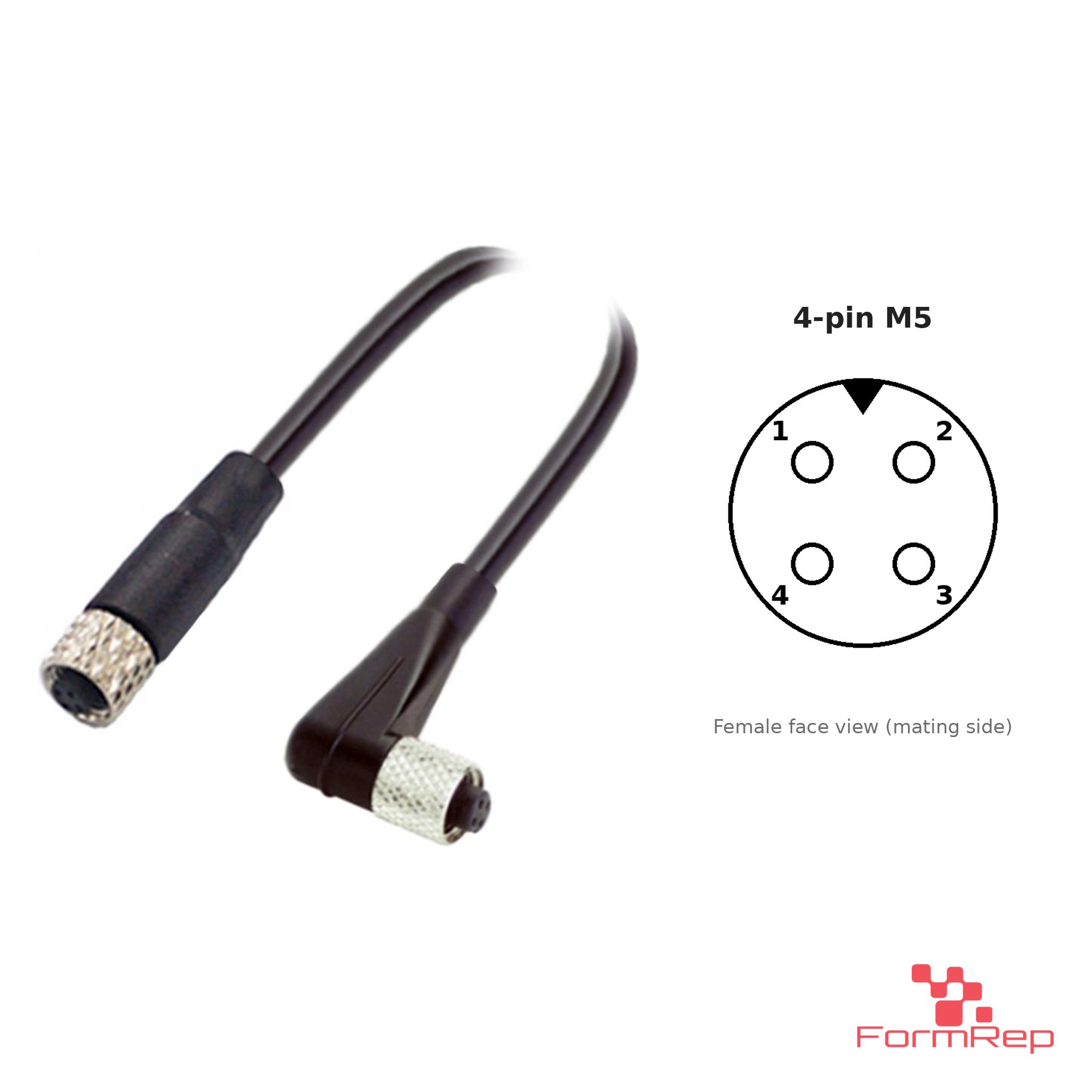 M5 Female Straight to Female Right-Angle Cable, 4-pin, with pin layout M5 Female Straight to Female Right-Angle Cable, 4-pin, with pin layout