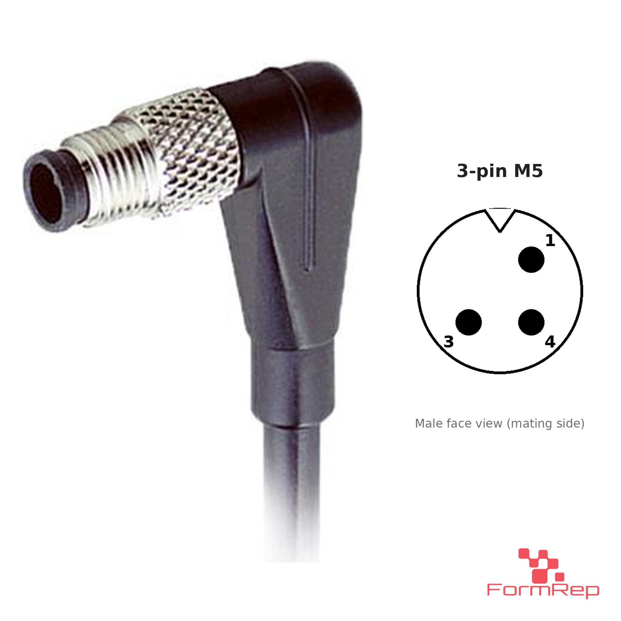 M5 Male Right-Angle Molded Cable, Single-Ended, 3-pin, with pin layout