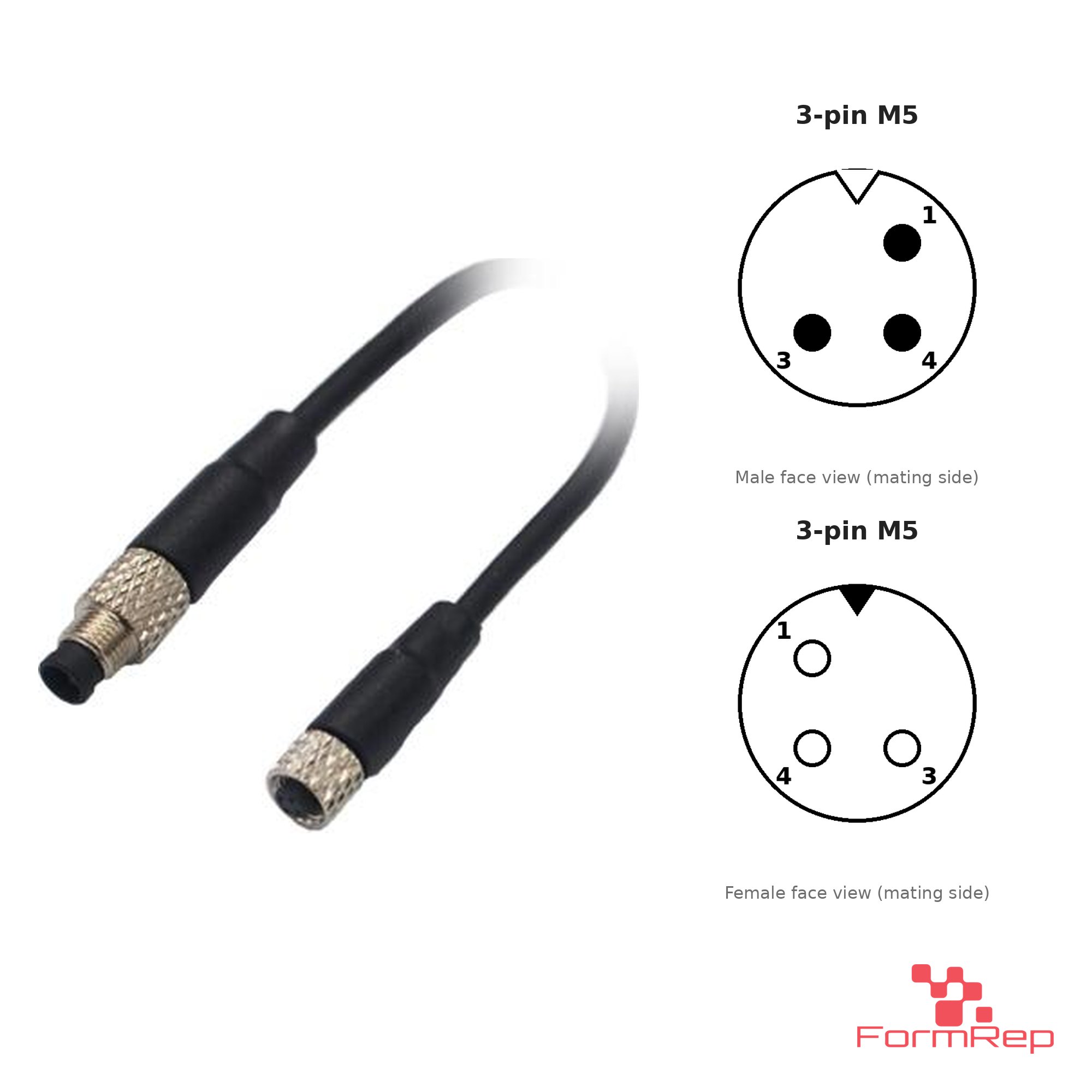 M5 Male to Female Straight Extension Cable, 3-pin, with pin layout M5 Male to Female Straight Extension Cable, 3-pin, with pin layout