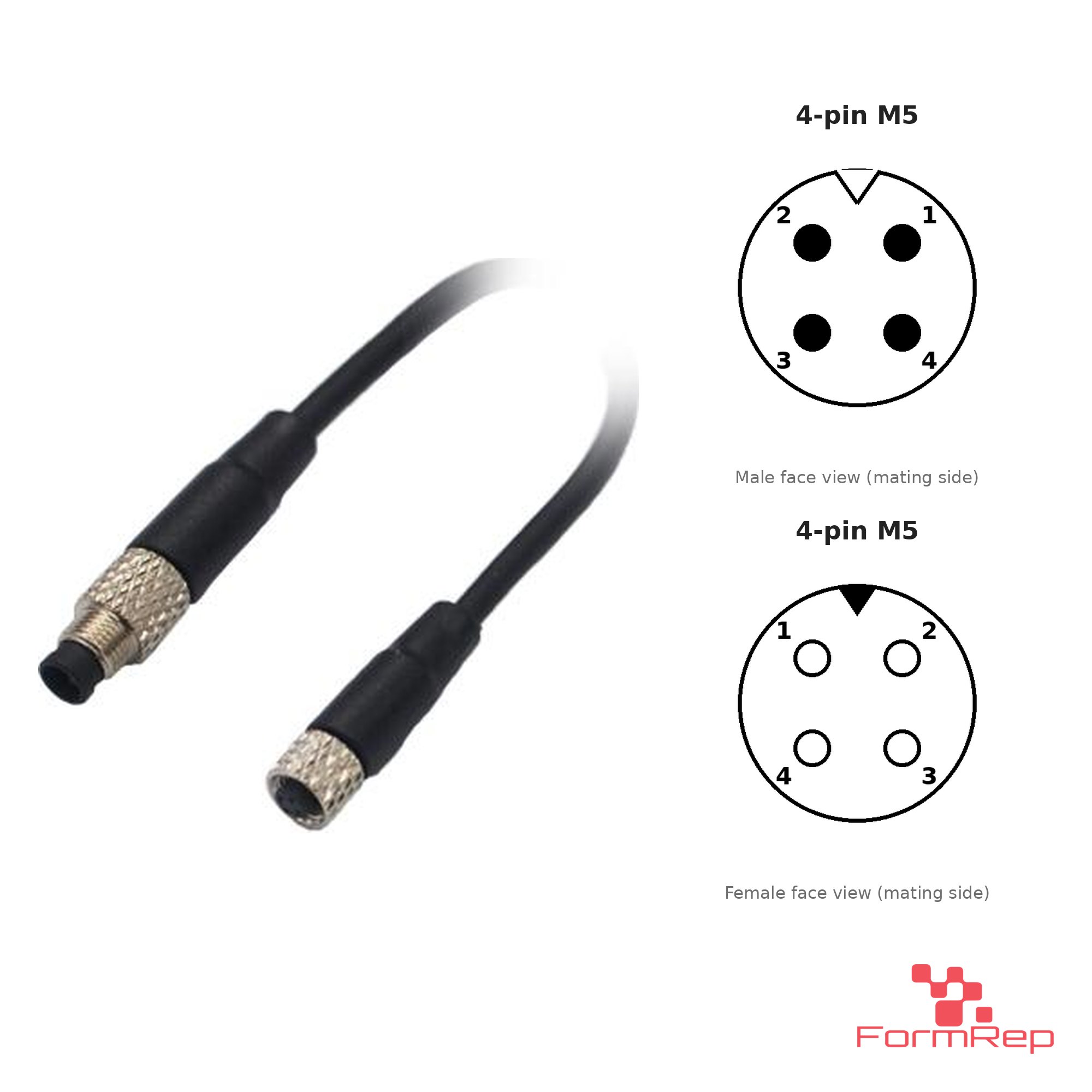 M5 Male to Female Straight Extension Cable, 4-pin, with pin layout M5 Male to Female Straight Extension Cable, 4-pin, with pin layout