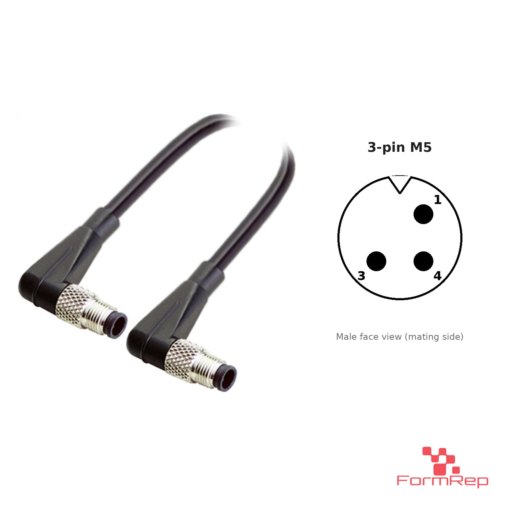 M5 Male to Male Right-Angle Cable, 3-pin, with pin layout