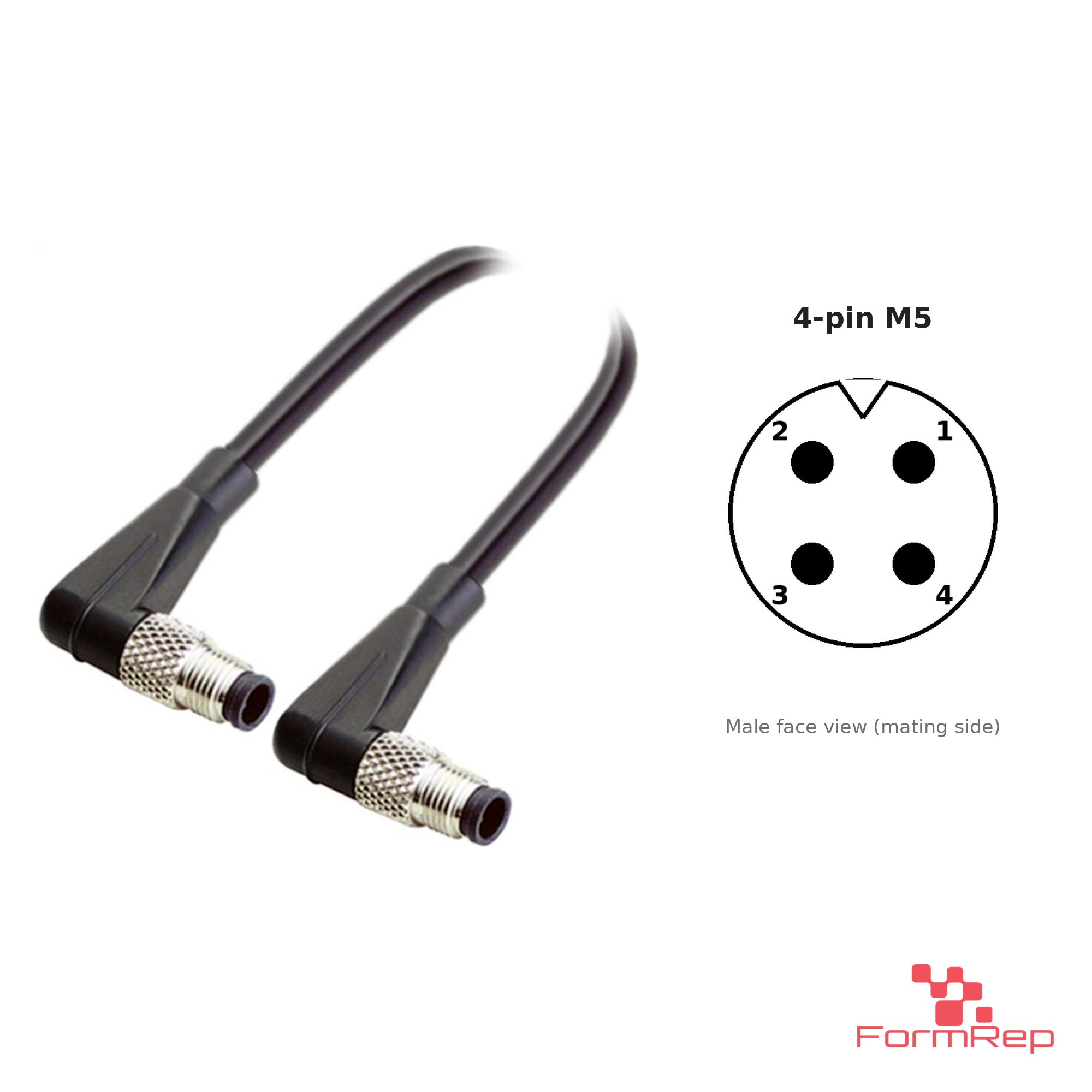 M5 Male to Male Right-Angle Cable, 4-pin, with pin layout
