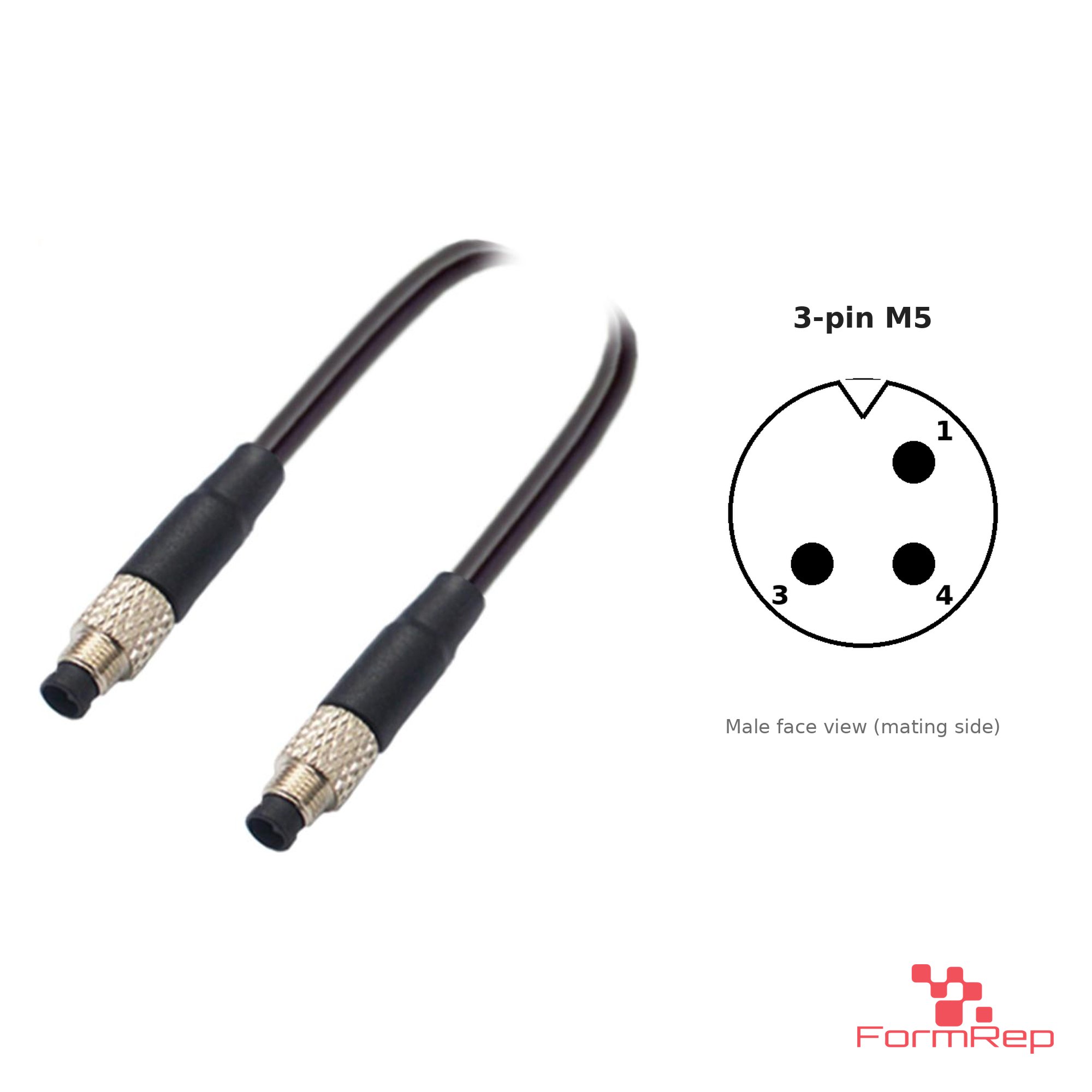 M5 Male to Male Straight Cable, 3-pin, with pin layout M5 Male to Male Straight Cable, 3-pin, with pin layout