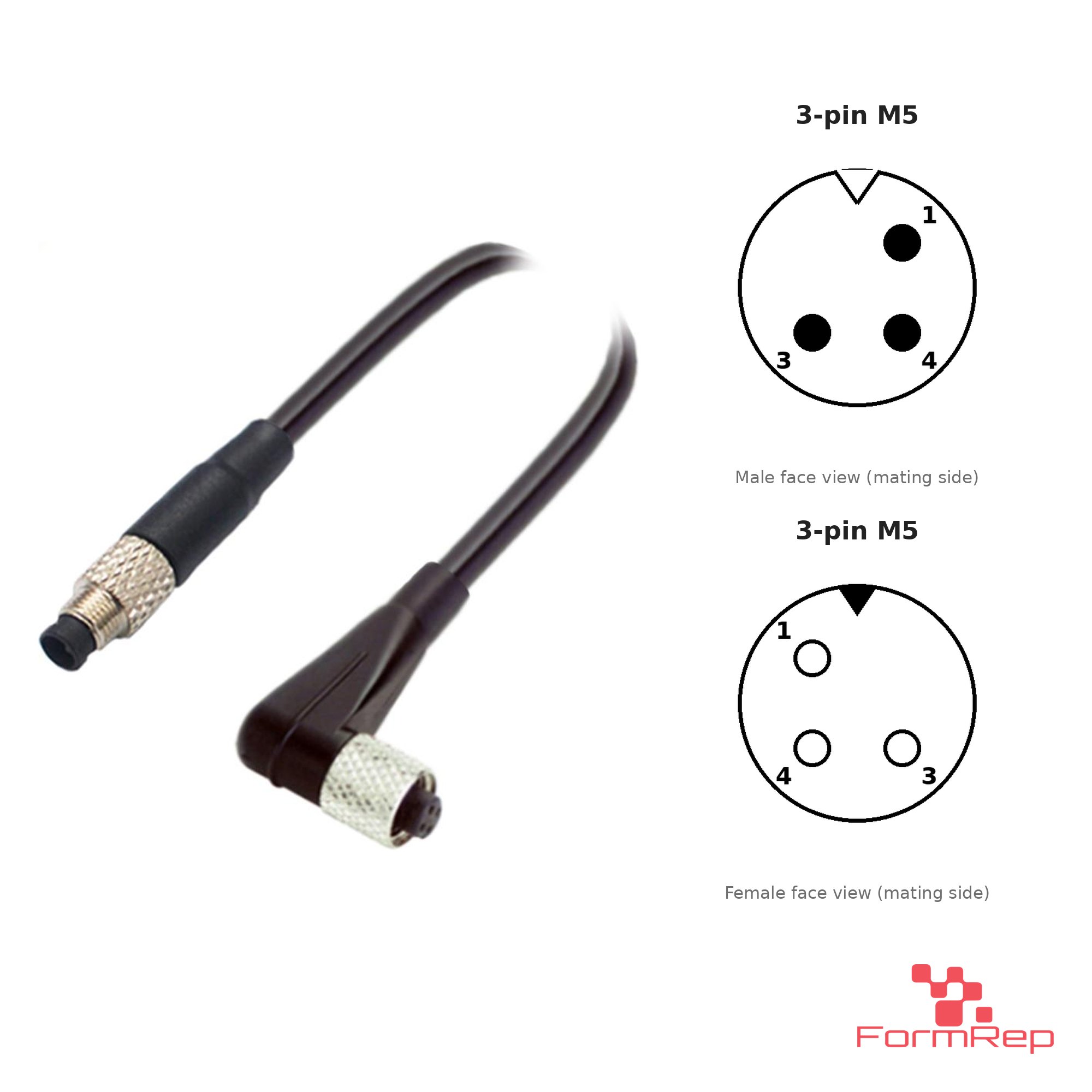 M5 Male Straight to Female Right-Angle Cable, 3-pin, with pin layout