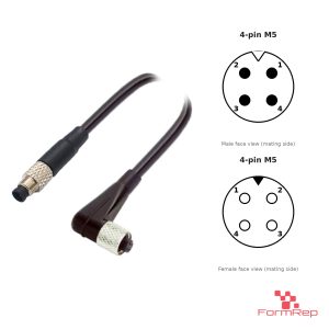 M5 Male Straight to Female Right-Angle Cable, 4-pin, with pin layout