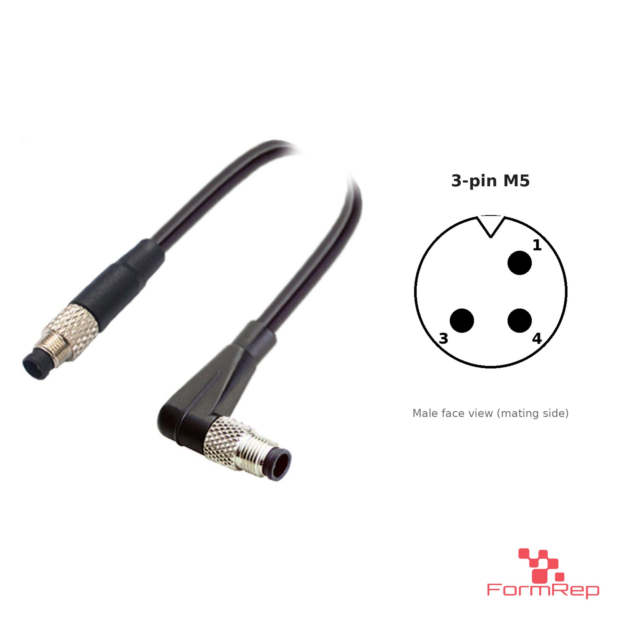 M5 Male Straight to Male Right-Angle Cable, 3-pin, with pin layout M5 Male Straight to Male Right-Angle Cable, 3-pin, with pin layout