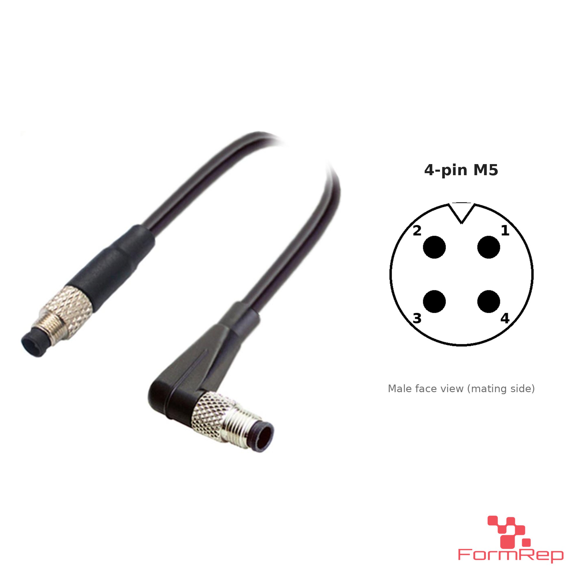 M5 Male Straight to Male Right-Angle Cable, 4-pin, with pin layout M5 Male Straight to Male Right-Angle Cable, 4-pin, with pin layout