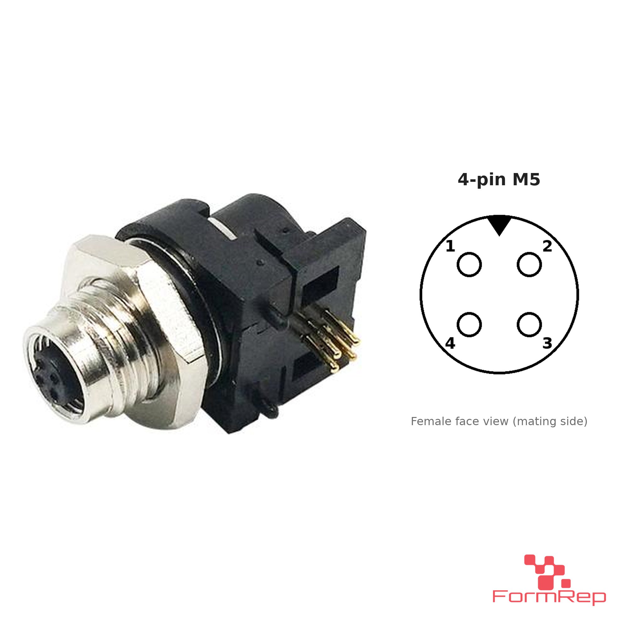 M5 Panel-Mount Receptacle, PCB Pins, female right-angle, front mount, 4-pin M5 Panel-Mount Receptacle, PCB Pins, female right-angle, front mount, 4-pin