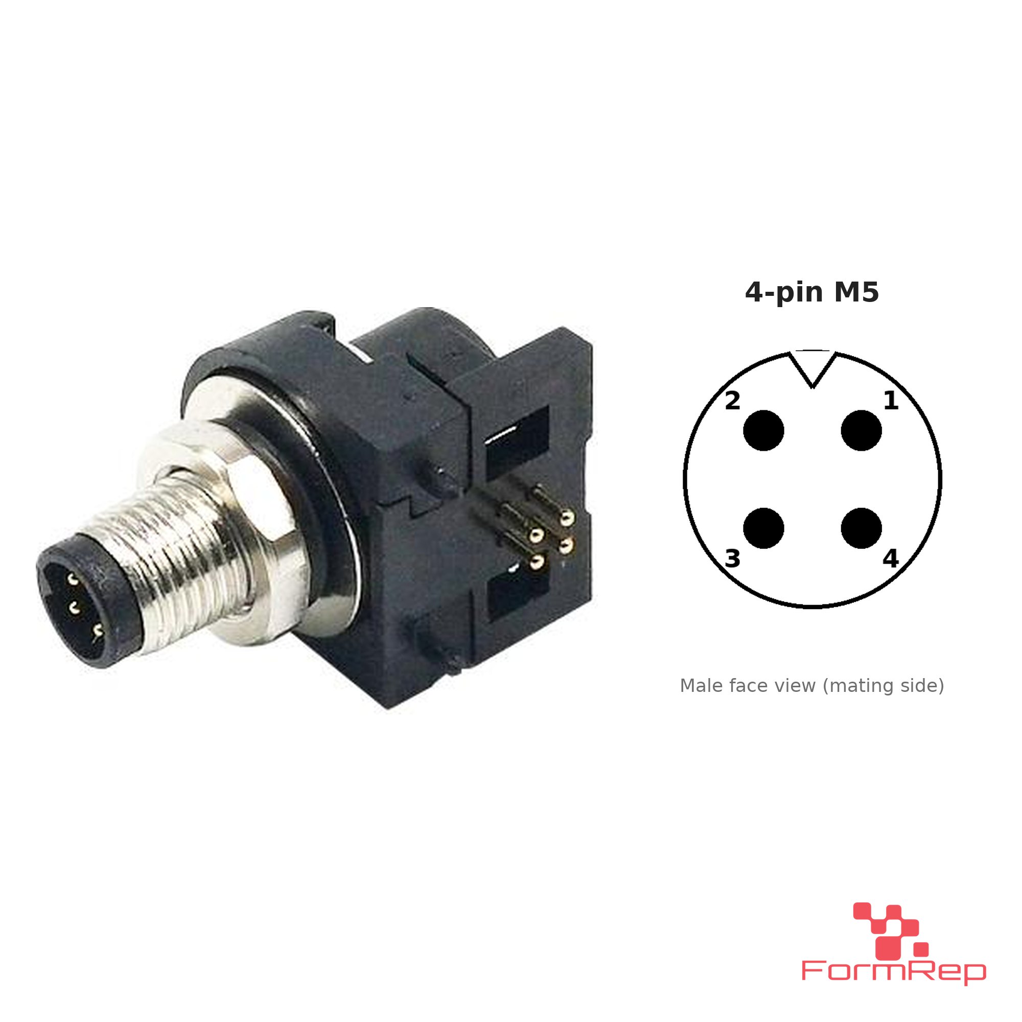 M5 Panel-Mount Receptacle, PCB Pins, male right-angle, front mount, 4-pin M5 Panel-Mount Receptacle, PCB Pins, male right-angle, front mount, 4-pin