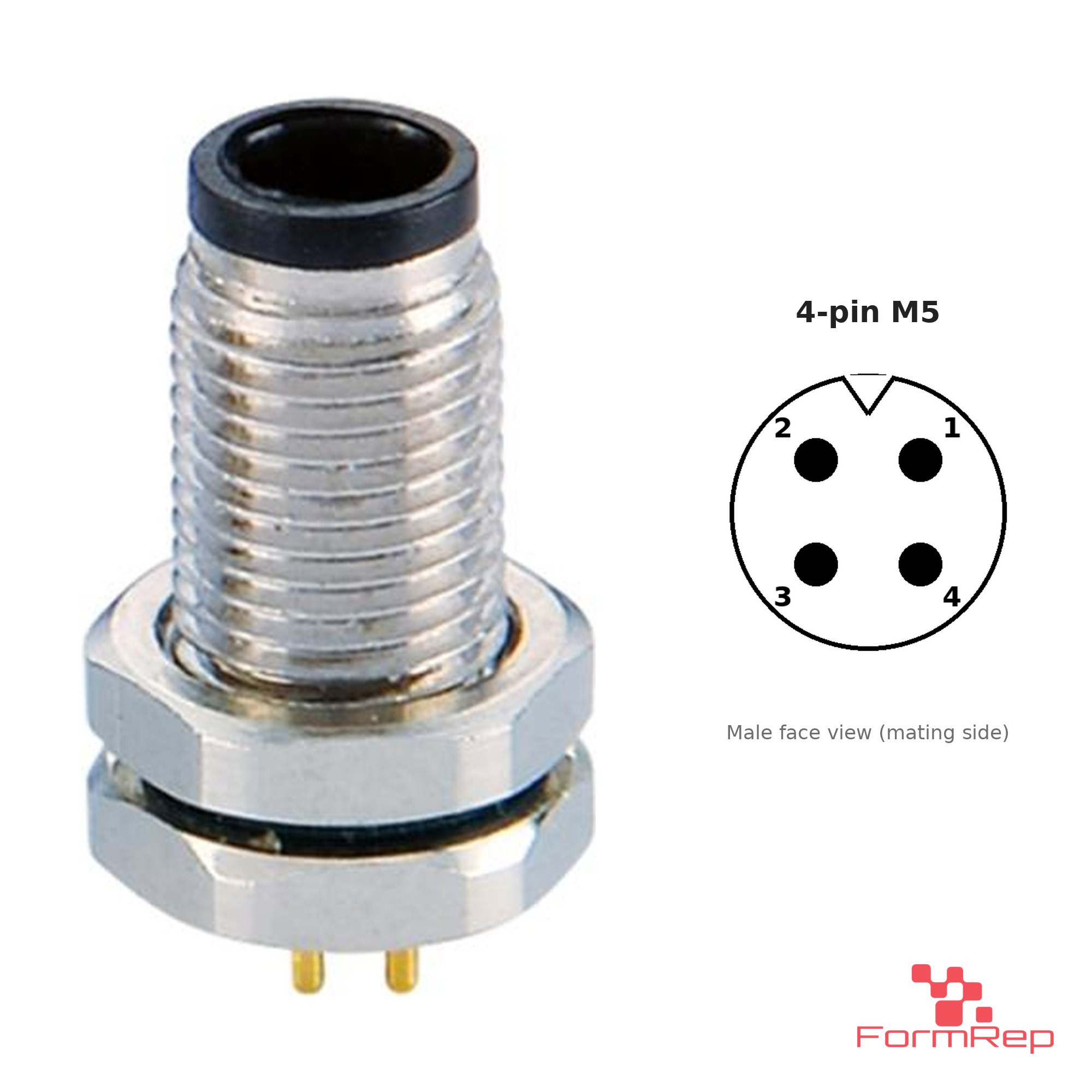 M5 Panel-Mount Receptacle, PCB Pins, male straight, front mount, 4-pin M5 Panel-Mount Receptacle, PCB Pins, male straight, front mount, 4-pin