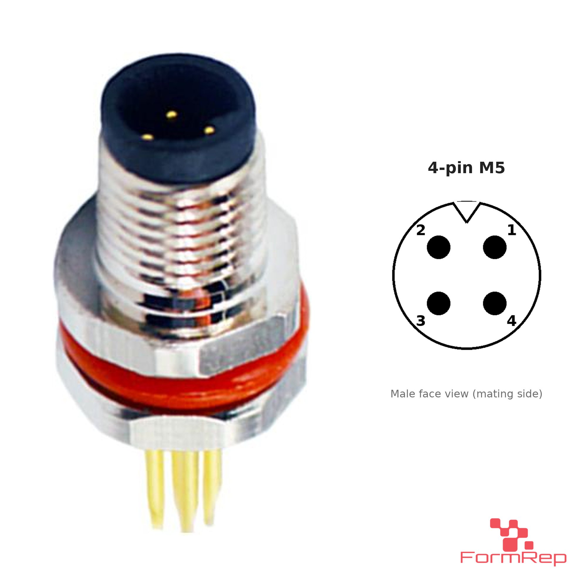 M5 Panel-Mount Receptacle, PCB Pins, male straight, rear mount, 4-pin M5 Panel-Mount Receptacle, PCB Pins, male straight, rear mount, 4-pin