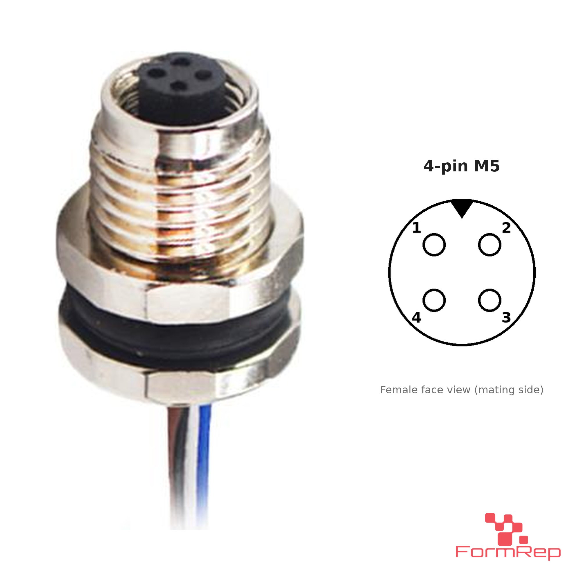 M5 Panel-Mount Receptacle, Pre-Wired Leads, female straight, front mount, 4-pin M5 Panel-Mount Receptacle, Pre-Wired Leads, female straight, front mount, 4-pin