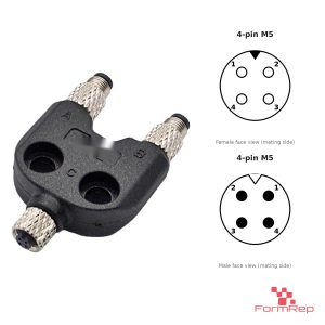 M5 Y-Splitter, Female to 2 x Male, with pin layouts