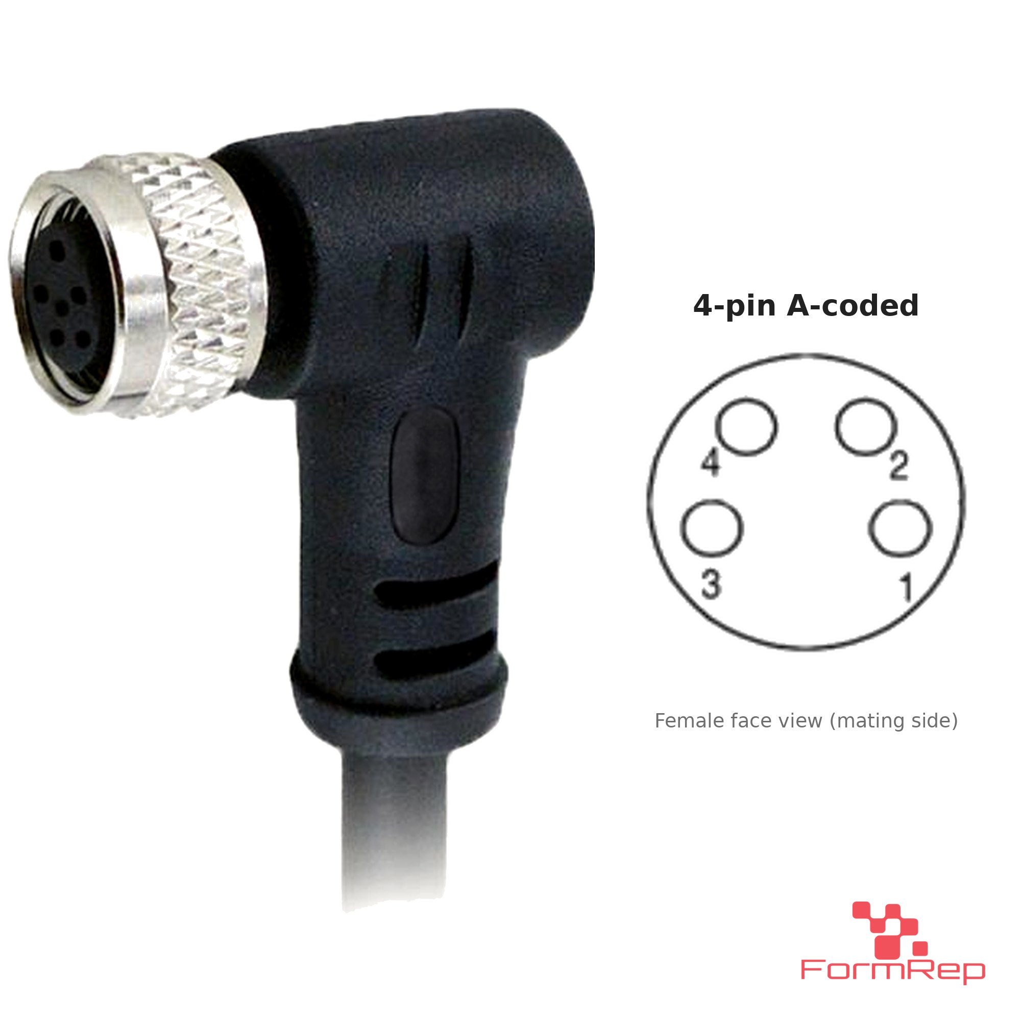 M8 Female Right-Angle Molded Cable, Single-Ended, 4-pin A-coded M8 Female Right-Angle Molded Cable, Single-Ended, 4-pin A-coded