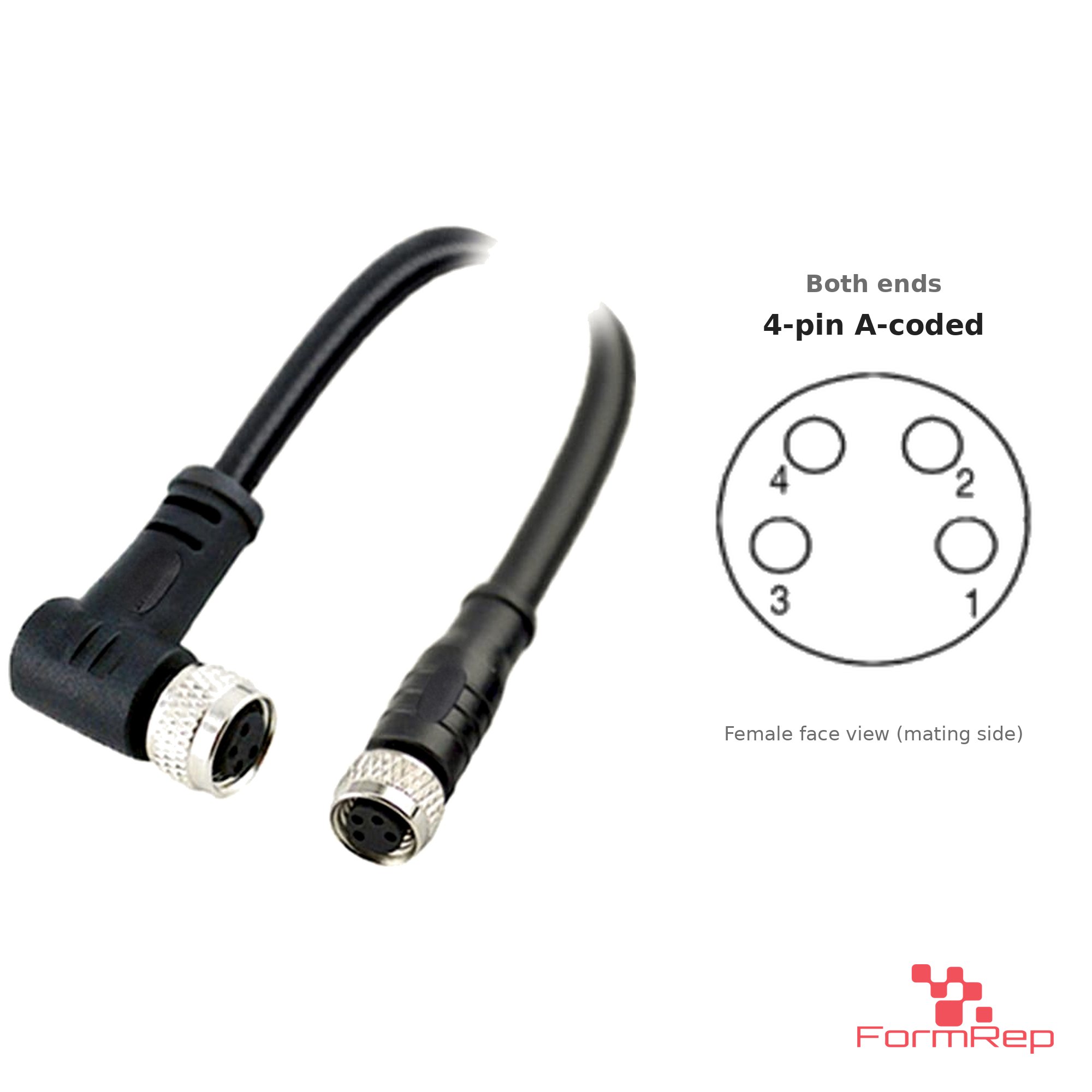 M8 Female Straight to Female Right-Angle Cable, 4-pin A-coded M8 Female Straight to Female Right-Angle Cable, 4-pin A-coded