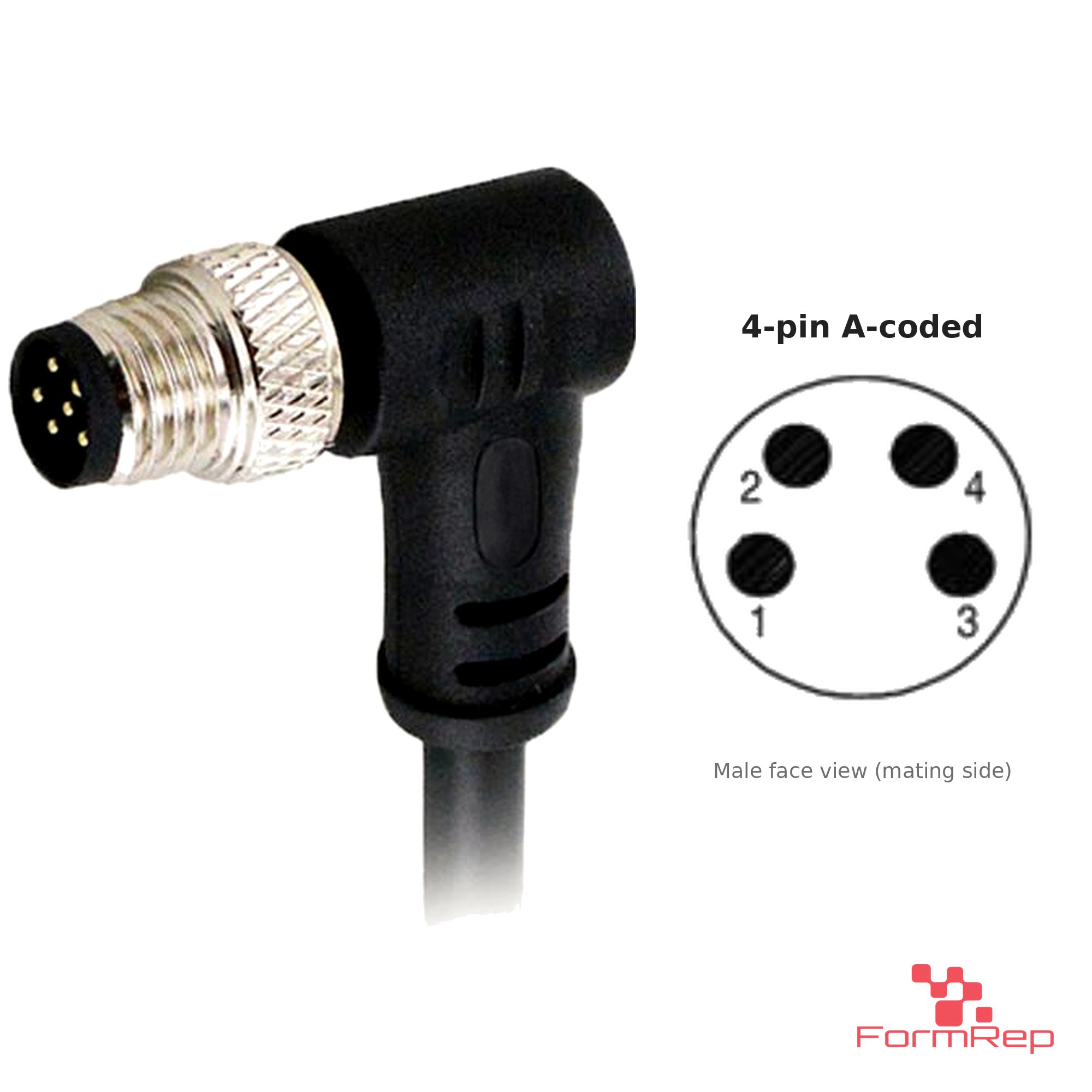 M8 Male Right-Angle Molded Cable, Single-Ended, 4-pin A-coded M8 Male Right-Angle Molded Cable, Single-Ended, 4-pin A-coded