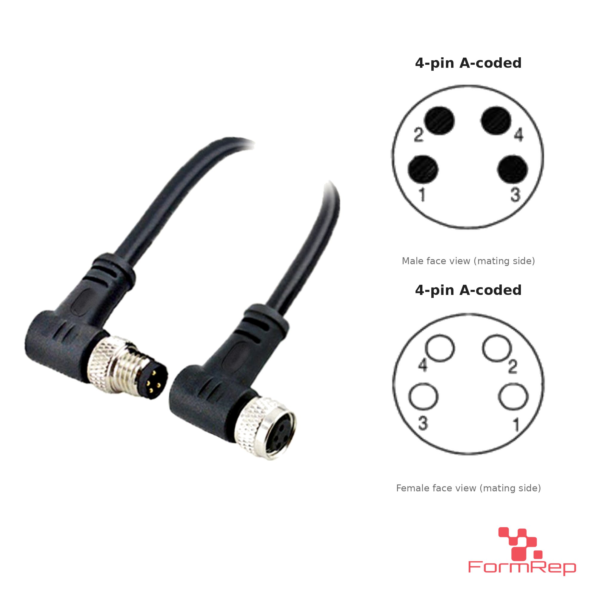 M8 Male Right-Angle to Female Right-Angle Cable, 4-pin A-coded M8 Male Right-Angle to Female Right-Angle Cable, 4-pin A-coded