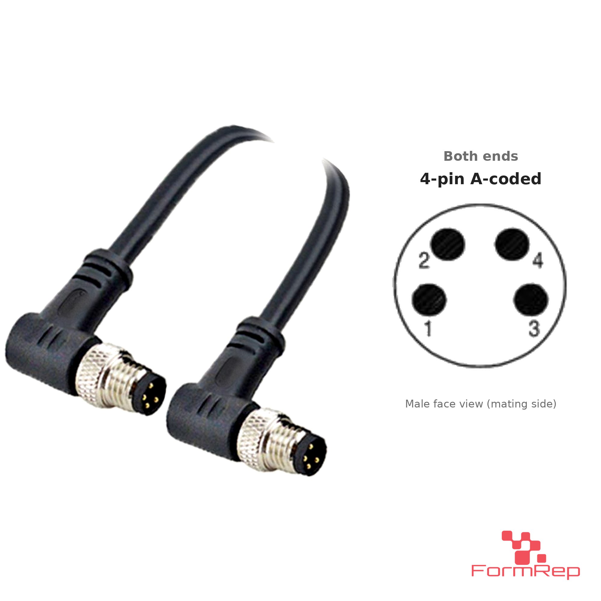 M8 Male to Male Right-Angle Cable, 4-pin A-coded