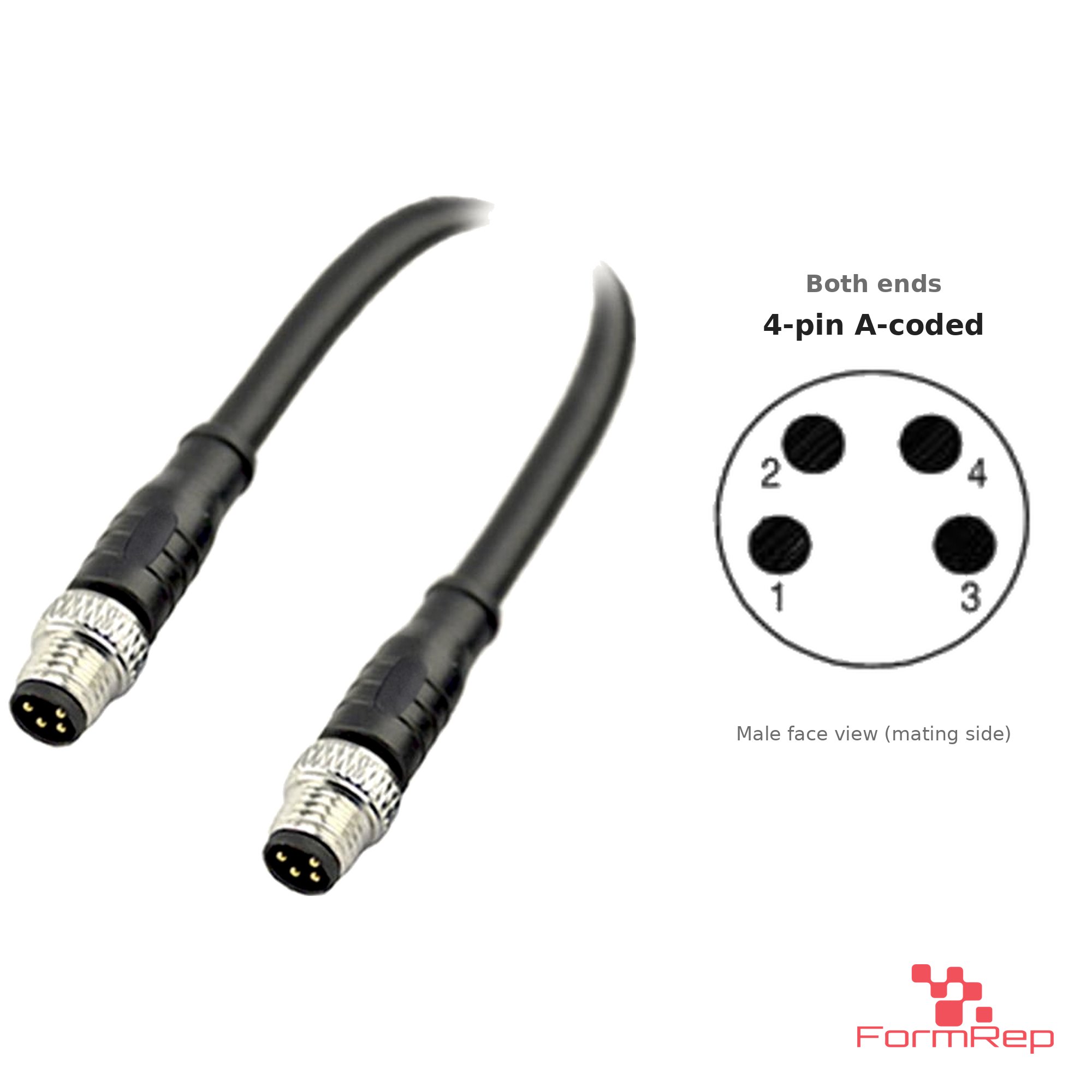 M8 Male to Male Straight Cable, 4-pin A-coded
