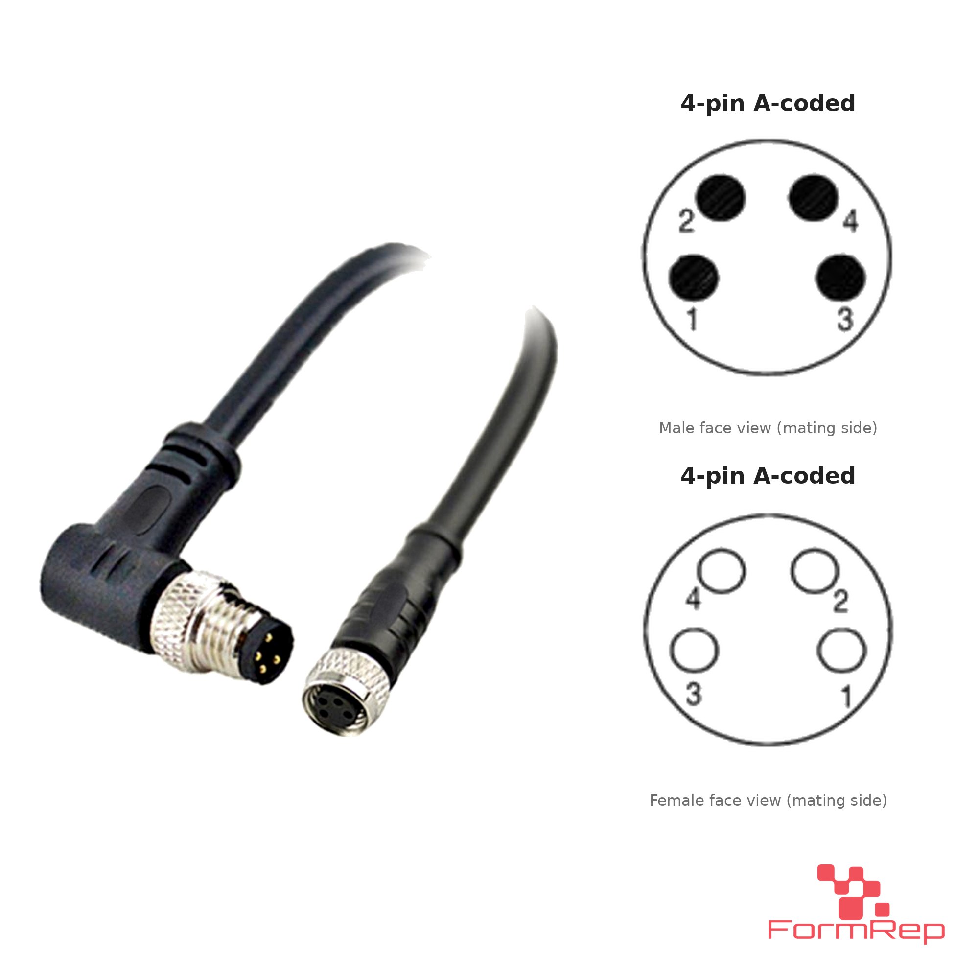 M8 Male Right-Angle to Female Straight Cable, 4-pin A-coded M8 Male Right-Angle to Female Straight Cable, 4-pin A-coded