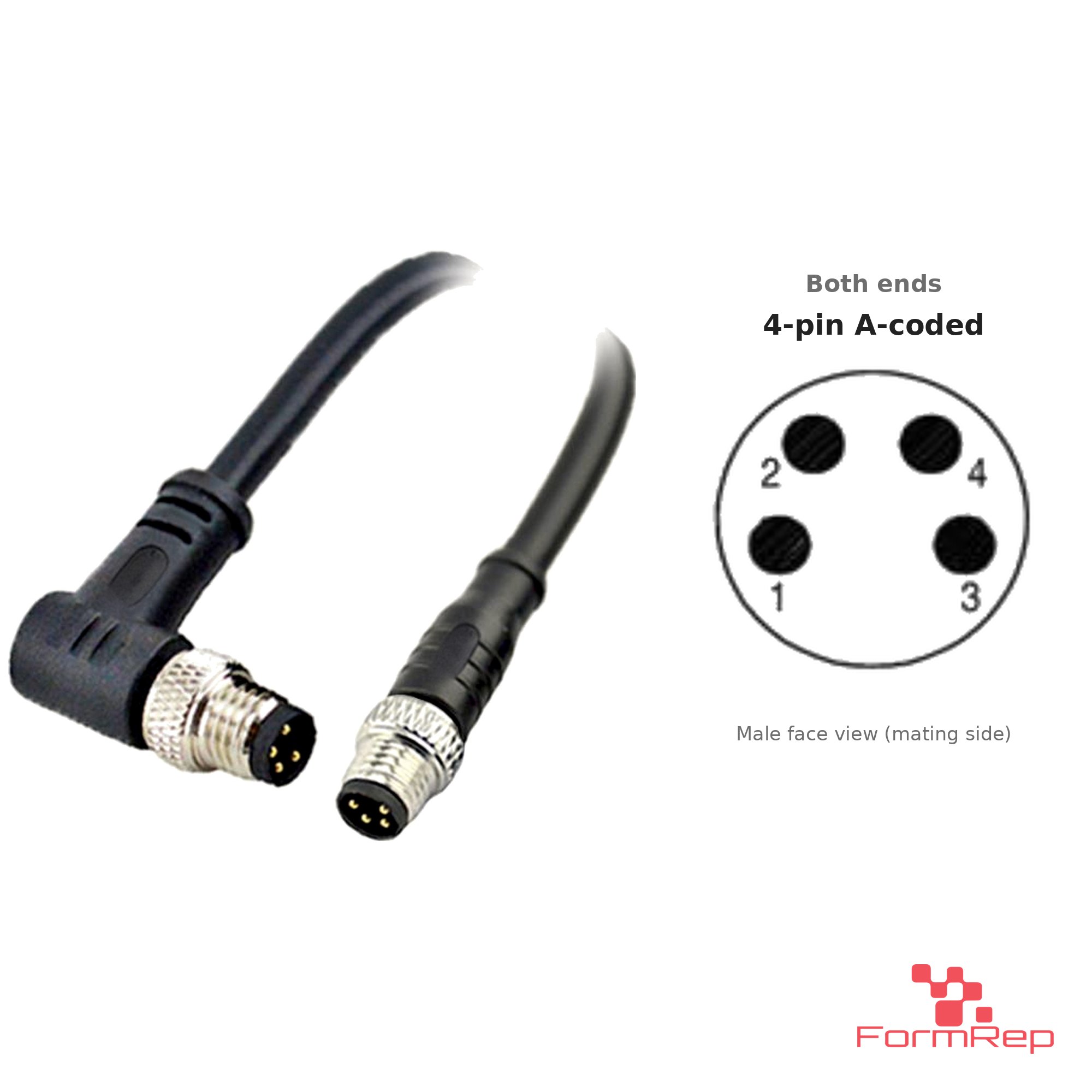 M8 Male Straight to Male Right-Angle Cable, 4-pin A-coded M8 Male Straight to Male Right-Angle Cable, 4-pin A-coded