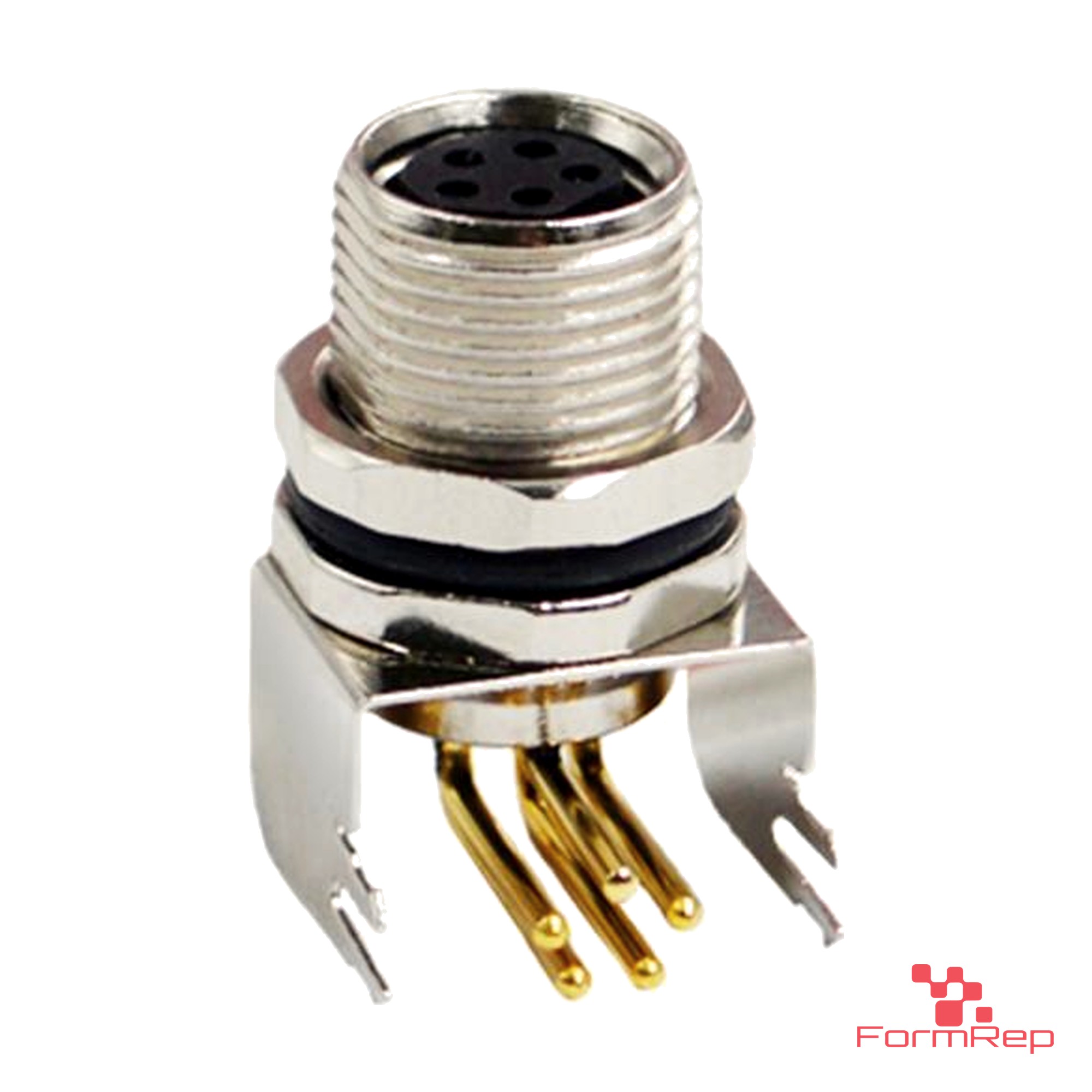 M8 Panel-Mount Receptacle, PCB Pins, female right-angle, front mount M8 Panel-Mount Receptacle, PCB Pins, female right-angle, front mount