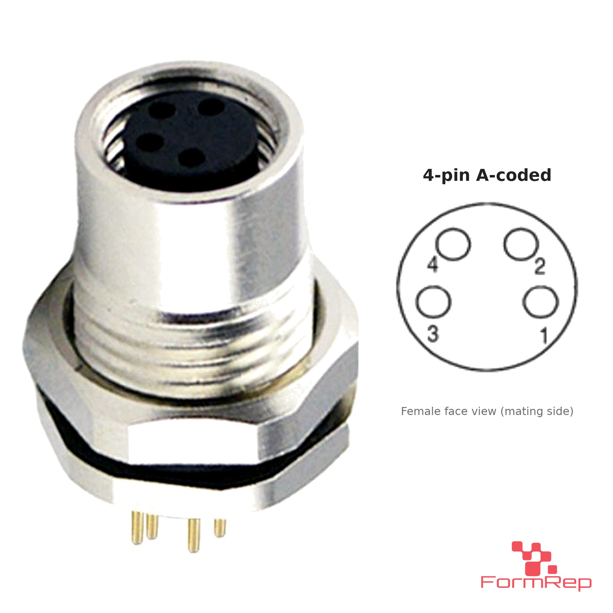 M8 Panel-Mount Receptacle, PCB Pins, female straight, front mount, 4-pin A-coded M8 Panel-Mount Receptacle, PCB Pins, female straight, front mount, 4-pin A-coded